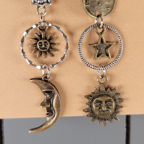 Sun Moon Star Dangle Earrings Celestial Bronze Silver Tone Drop Boho Jewelry - Picture 4 of 10